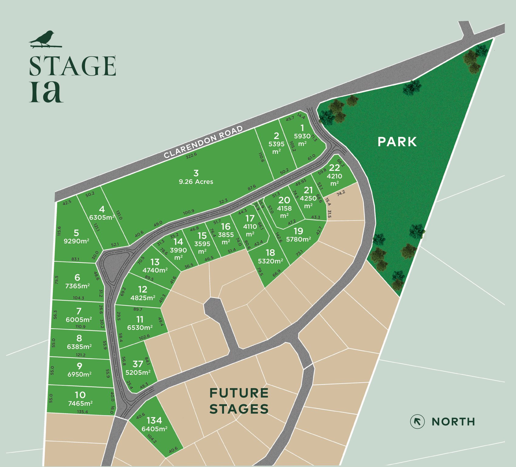 Parklands@Clarendon Stage 1a plot plan showing lots 1 to 22 and the park
